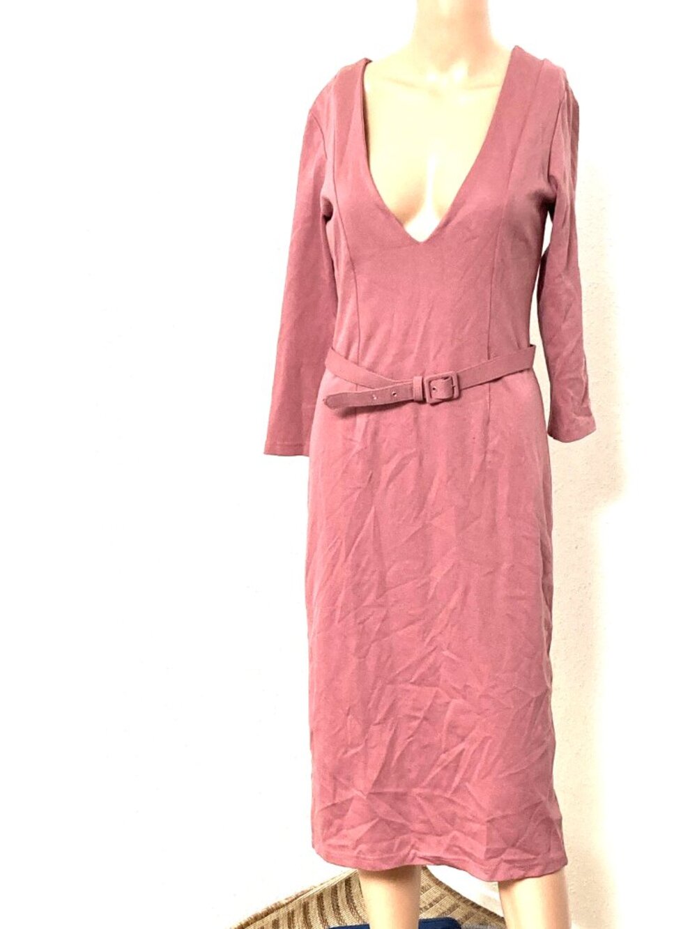 Retro Licious Women’s Pink Sheath Midi Dress L V-Neck 3/4 Sleeve Belt USA